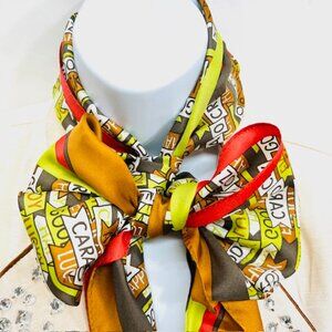 Vintage Cara Cruz 100%  silk Satin scarf 70" x23" Flag Style Colorfull logo (40)